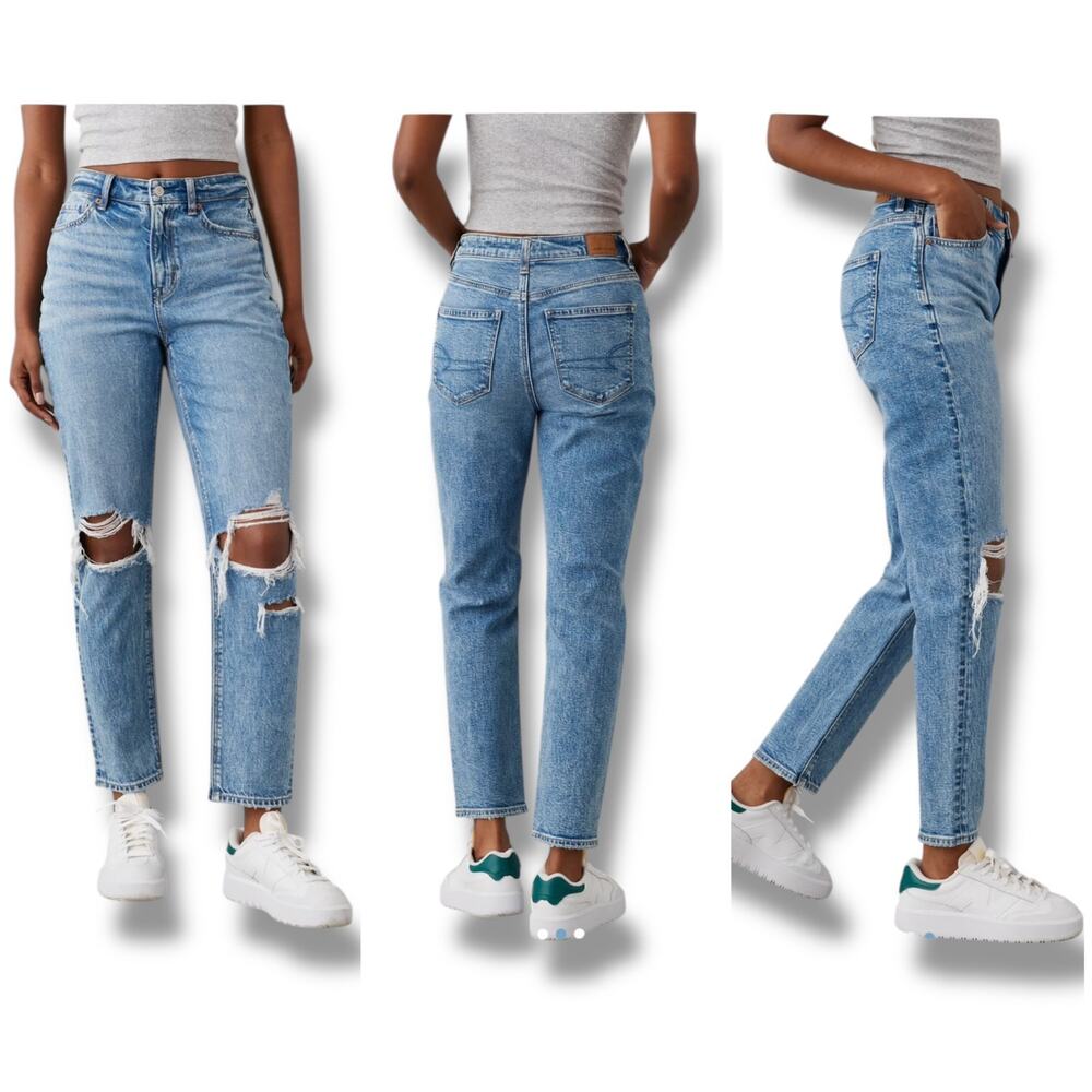 American Eagle Strigid ripped high rise mom jean in Blown Out Blue - Picture 2 of 9
